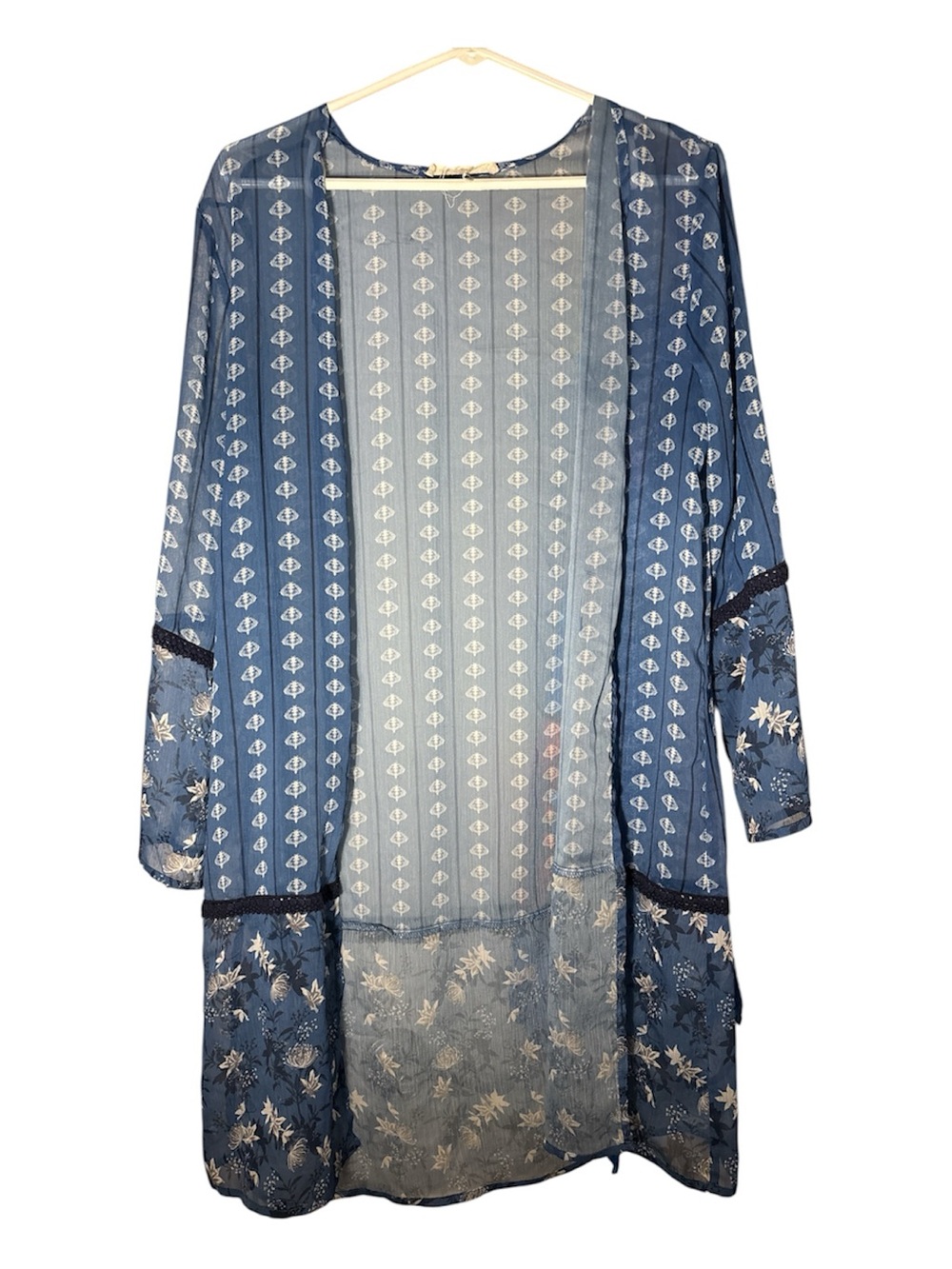 Sheer Floral Open Front Kimono Cardigan - Blue
